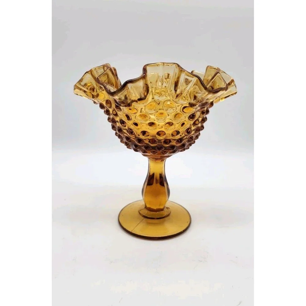 Vintage Fenton Glass Pedestal Candy Dish Compote Bowl Hobnail Amber 6 1/4